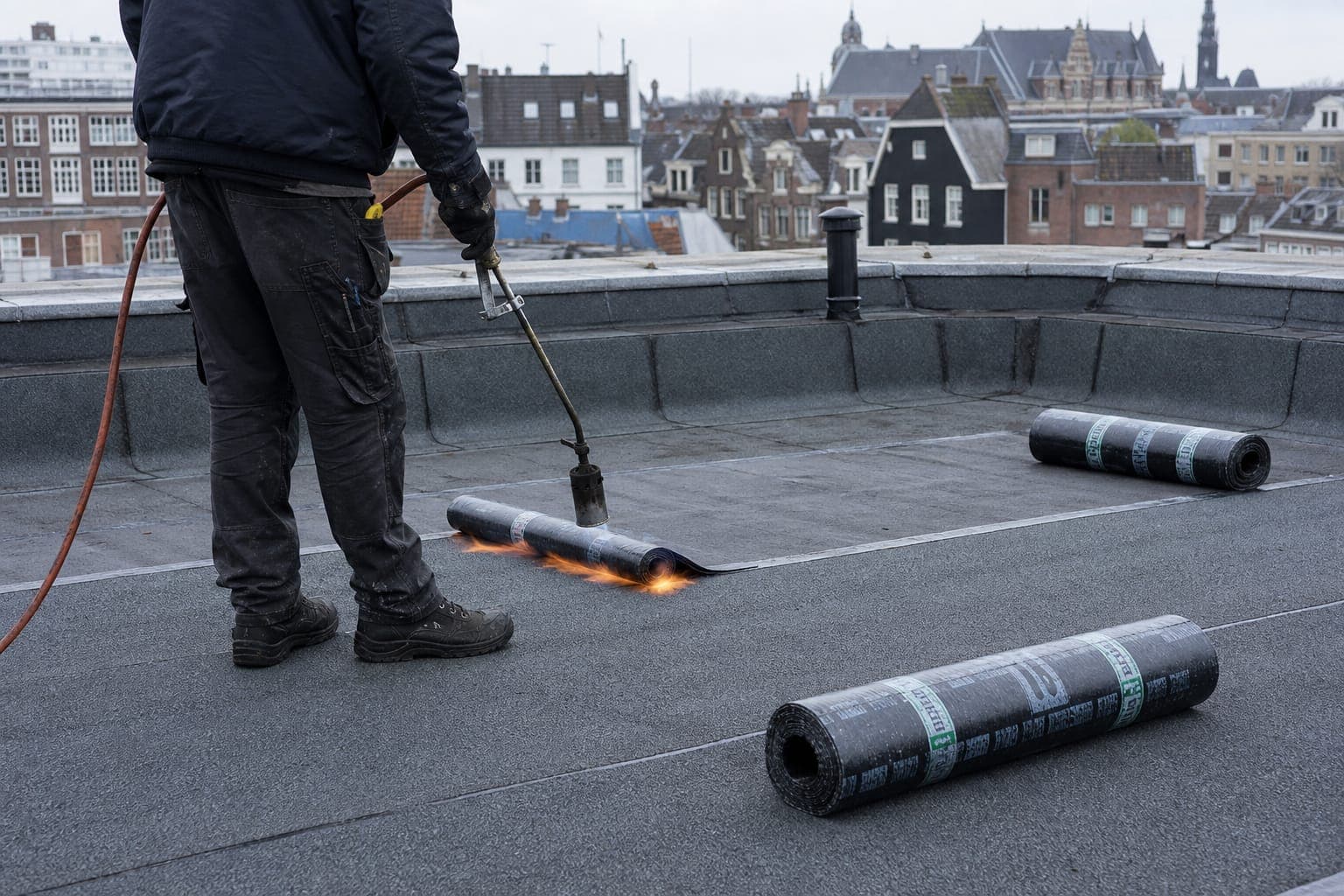Dakdekker brandt bitumen dakbedekking op een plat dak in de stad