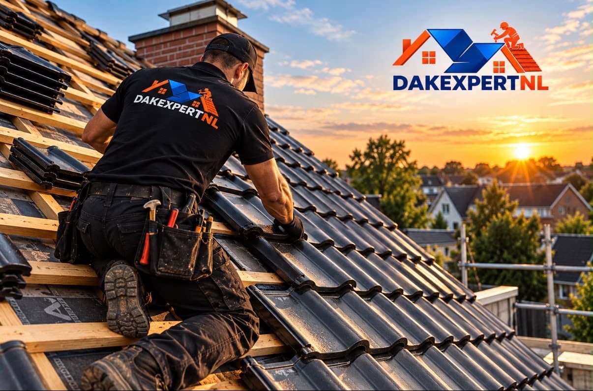 Dakdekker van DAKEXPERTNL legt zwarte dakpannen op een pannendak bij zonsondergang