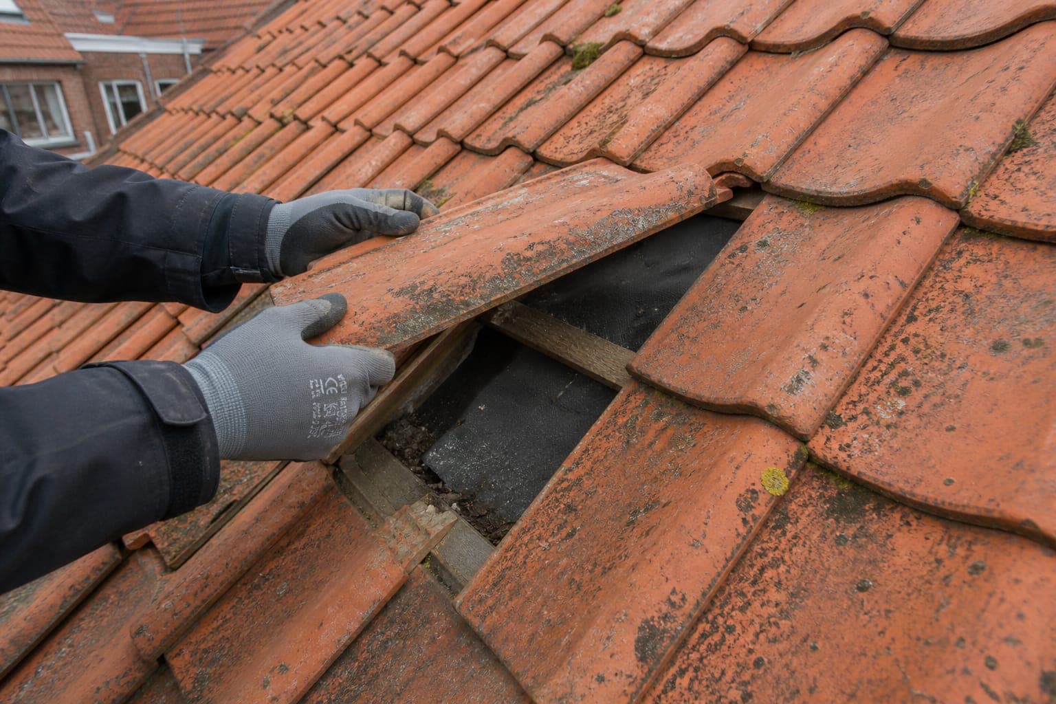 Detail van dakwerk: controle van pannen en aansluitingen