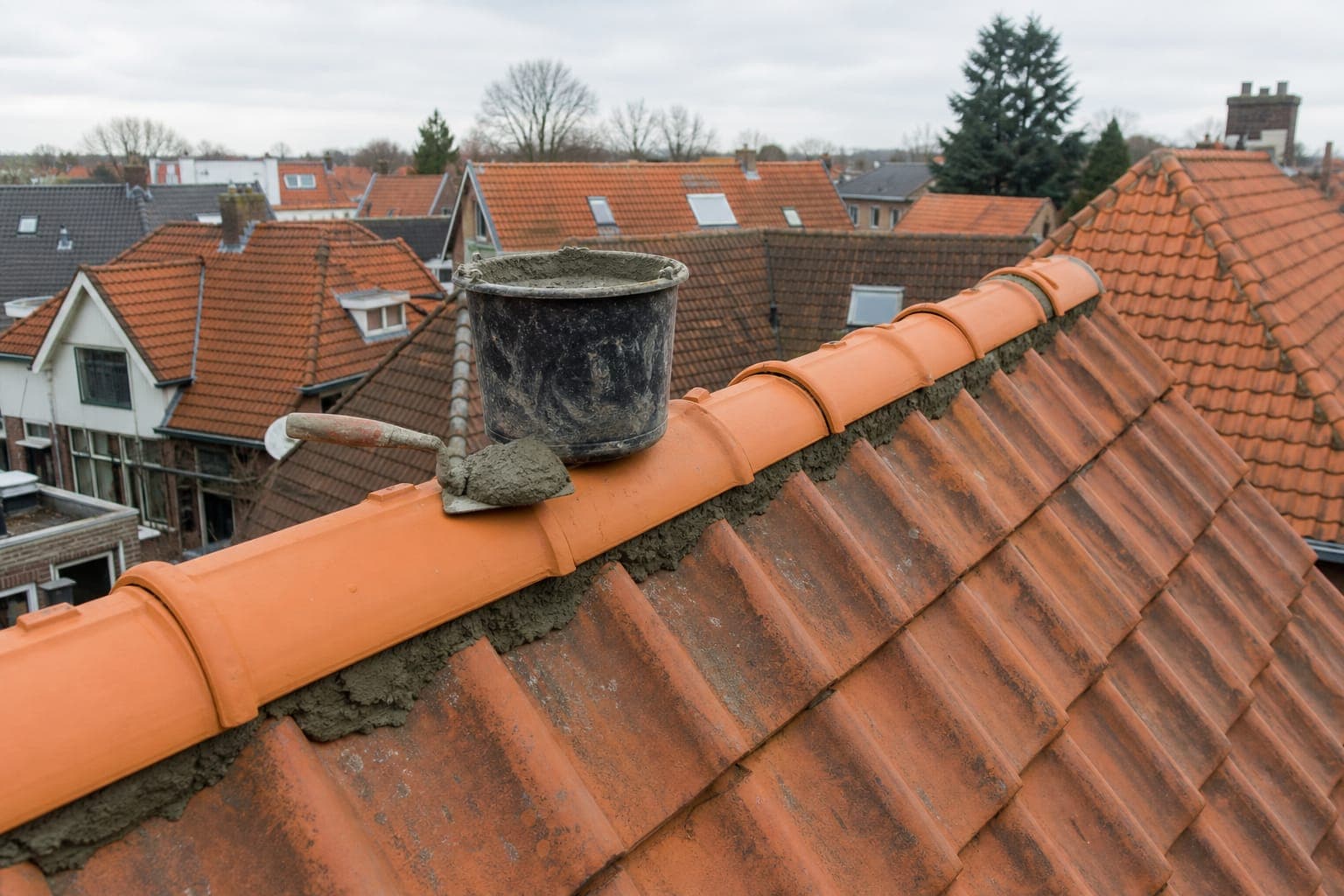 Nokvorsten worden vernieuwd op een hellend pannendak