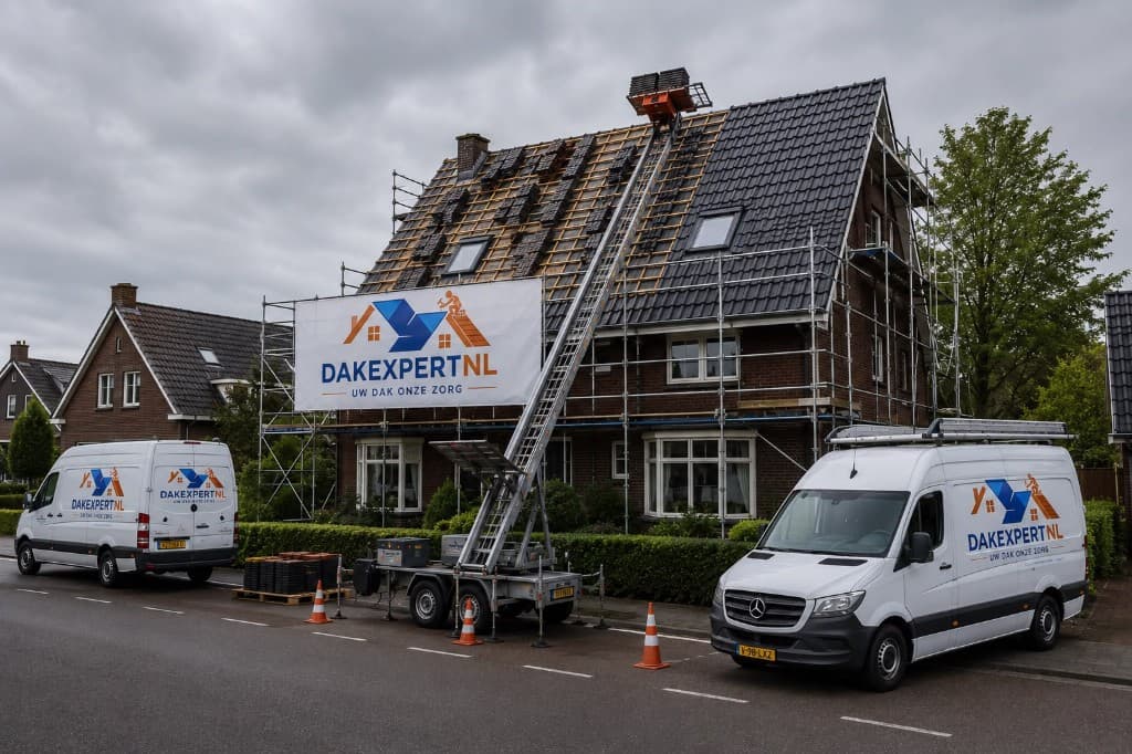 Bedrijfsbussen van DAKEXPERTNL bij een woning in de steigers tijdens een dakrenovatie